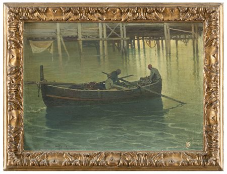 SALVATORE PETRUOLO Catanzaro 1857 - Napoli 1946 Pescatori 1914 Olio su tela...