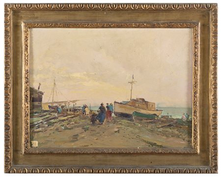 NICOLAS DECORSI Odessa 1882 - Napoli 1956 Spiaggia con figure e barca in...