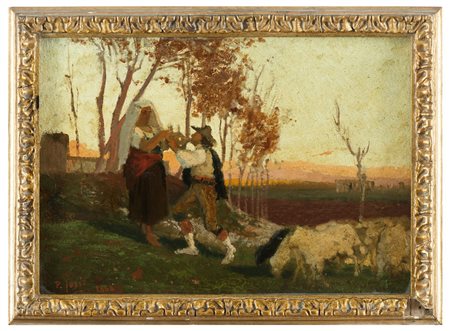 PIO JORIS Roma 1843 - 1922 Corteggiamento 1866 Olio su cartone cm 26 x 37...