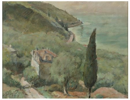 EUGENIO POLESELLO Pordenone 1895 - 1983 Lago di Como 1944 Olio su tela cm 50...