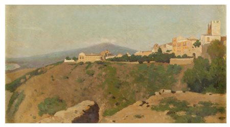 MARIO MIRABELLA Palermo 1870 - 1931 Veduta di paese su sfondo dell' Etna Olio...