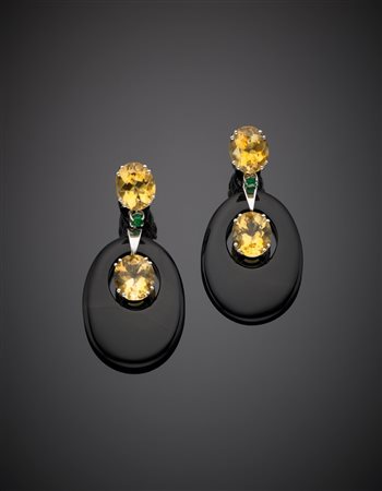 Orecchini pendenti in oro bianco con quarzi citrini smeraldi e agata g. 19,...