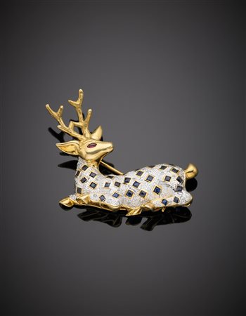 Spilla in oro giallo a guisa di cervo con zaffiri e pavè di diamanti g.12,90...