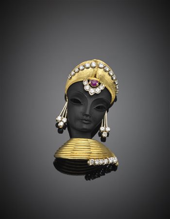 MISSIAGLIA Broche maschera da donna "indiana" in onice rifinita in oro giallo...