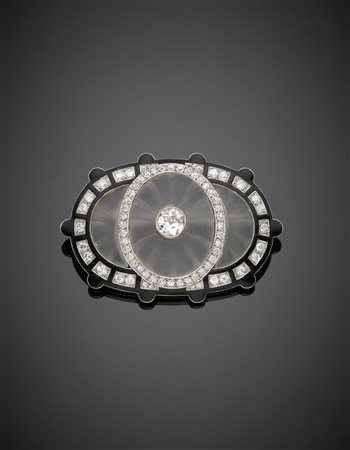 Broche in platino, attribuita a Cartier Nﾰ C 7475, con diamanti, onice e...