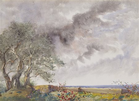 Pompeo Mariani (Monza 1857 - Bordighera 1927) "Paesaggio con mare sullo...