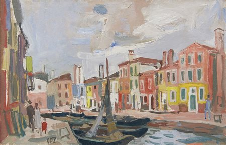 Carlo Dalla Zorza (Venezia 1903 - 1977) "Burano" '52 olio su cartone (cm...