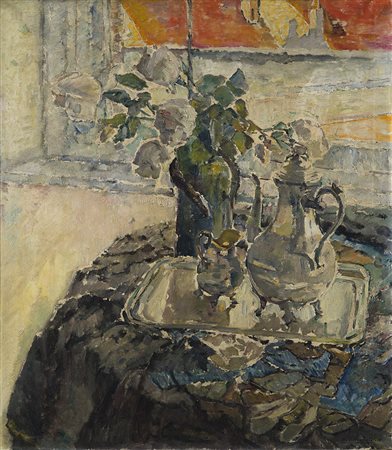 Robert Houpels (Courtrai 1877 - Velle 1943) "Composizione con vaso di fiori e...