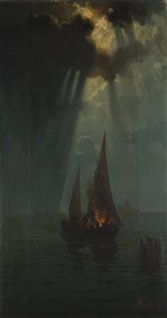 Augusto Ferri (Bologna 1829 - Pesaro 1895) "Notturno con barche" olio su tela...