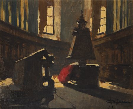 Achille Cattaneo (Limbiate 1872 - Milano 1931) "Interno di chiesa" olio su...
