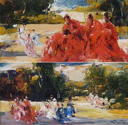 Mario Pobbiati (Milano 1887 - 1956) "Paesaggi con figure" due dipinti ad olio...