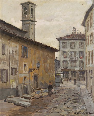 Arturo Ferrari (Milano 1861 - 1932) "Scorcio cittadino" olio su cartone (cm...