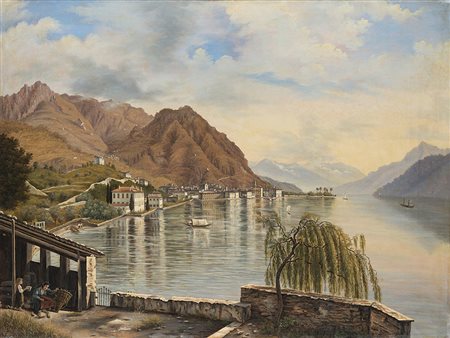 Scuola del XIX Secolo "Scorcio del Lago di Como" olio su tela (cm 76x101) In...