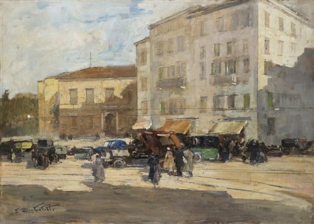 Lodovico Zambeletti (Milano 1881 - 1966) "Scorcio cittadino con automobili"...