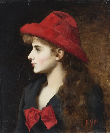 Filadelfo Simi (Levigliani 1849 - Firenze 1923) "Donna con cappello rosso"...