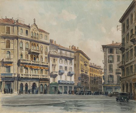 Giannino Grossi (Milano 1889 - 1969) "Via Durini all'angolo di Corso Vittorio...