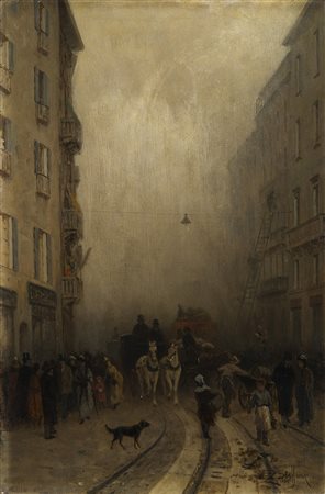 Luigi Steffani (San Giovanni Bianco 1827 - Milano 1898) "L'incendio sul Corso...