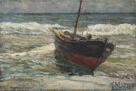 Alessandro Milesi (Venezia 1856 - 1945) "Barca in secca" olio su tela (cm...