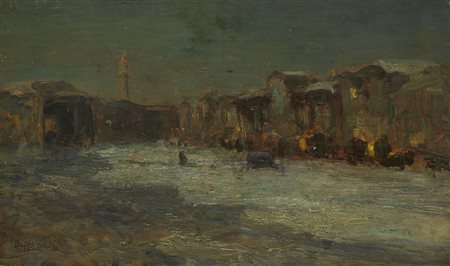 Beppe Ciardi (Venezia 1875 - Quinto 1932) "Paesaggio invernale con case" olio...