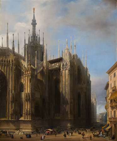 Luigi Bisi (Milano 1814 - 1886) "Veduta del fianco del Duomo di Milano dalla...