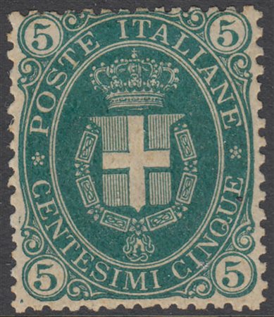 [REGNO D'ITALIA] 1889 "Stemma", 5c. verde scuro. G. Bolaffi, M. Raybaudi...