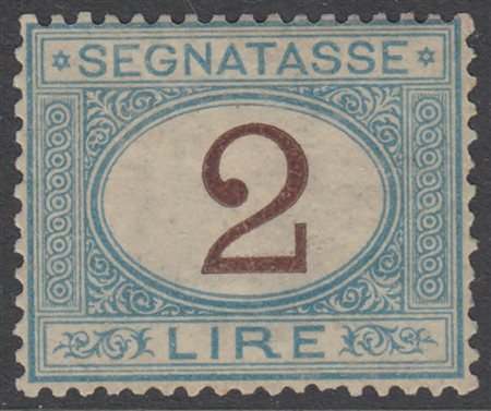 [REGNO D'ITALIA] 1870 Segnatasse, 2 lire azzurro chiaro e bruno. Cert. A....