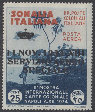 [SOMALIA] 1934 Servizio aereo, 25c. indaco e bruno arancio soprastampato "11...