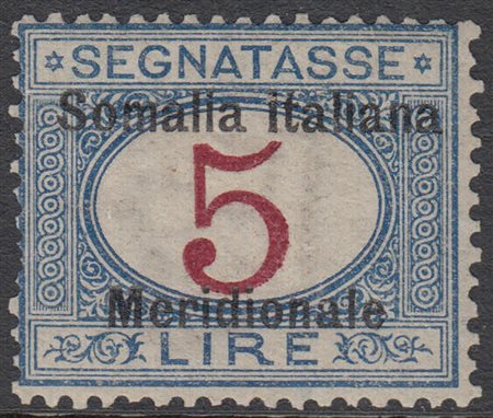 [SOMALIA] 1906 Segnatasse, 5 lire azzurro e carminio con soprastampa "Somalia...