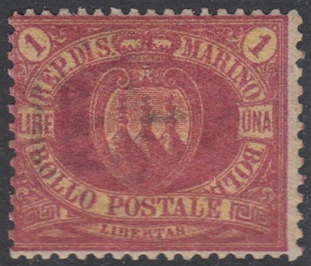 [SAN MARINO] 1892 "Stemma", 1 lira carminio su giallo. MH..........(Sass. 20)