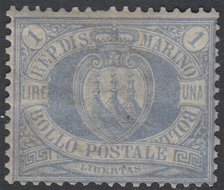 [SAN MARINO] 1894 "Stemma", 1 lira oltremare. Da esaminare. A. Fiecchi...