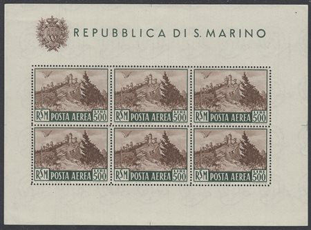 [SAN MARINO] 1951 Foglietto posta aerea "Veduta", 500 lire verde scuro e...