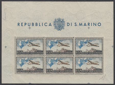 [SAN MARINO] 1951 Foglietto "Bandiera, aereo e veduta" 1000 lire bruno e...