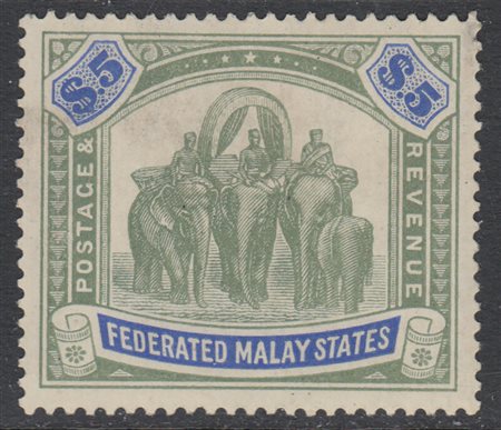 [MALESIA] 1925 Federated Malay States, $5 verde e blue, filigrana Mult Script...