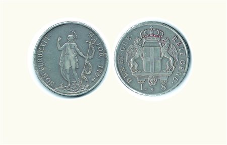 GENOVA - Dogi Biennali - 8 lire 1794 (punto); D/ Stemma coronato tra grifi,...