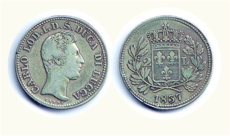 LUCCA - Carlo Ludovico di Borbone (1824-1847) - 2 Lire 1837 - P.261. Rarità:...