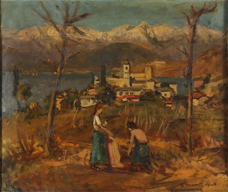 MONTI CESARE (1891 - 1959) Paesaggio con figure. . 1940. Olio su tela. Cm...