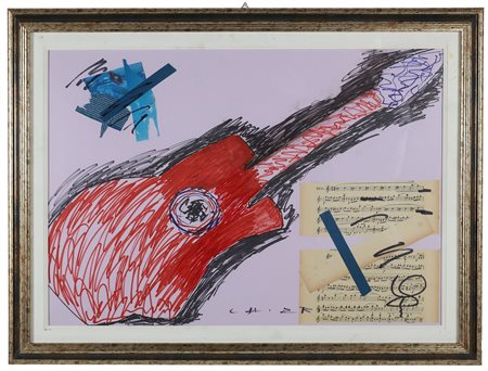 CHIARI GIUSEPPE (1926 - 2007) Chitarra. . Tecnica mista e collage su cartone....