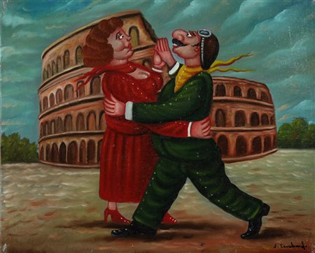 LOMBARDO SALVO (n. 1948) Danzando a Roma. Olio su tela . Cm 60,00 x 50,00 x...