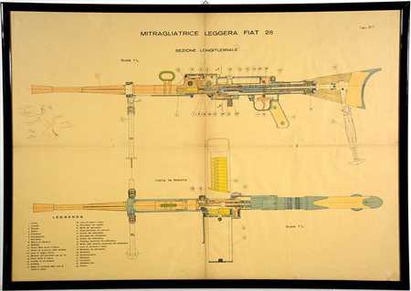 Grande tavola tecnica della mitragliatrice leggera Fiat 28. Anni '40