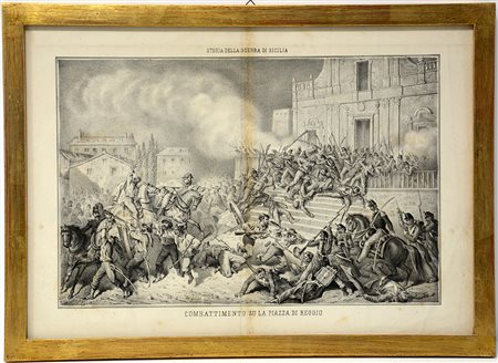 Litografia (cm 24x37) raffigurante combattimento tra garibaldini ed esercito...