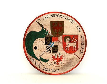 Pannello in legno policromo commemorativo degli Schutzen di Bressanone (d cm 41)