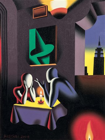 Mark Kostabi (1960), The burning issue, 2004, olio su tela, cm 60x45 firmato...