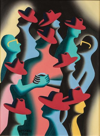 Mark Kostabi (1960), Red Hats,1992, olio su tela, cm 60x45 firmato, datato e...