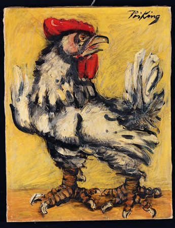 Franz Priking (1929-1979), Le coq, olio su carta applicata su tela, cm 65x51...