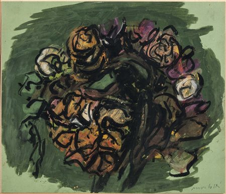 Ennio Morlotti (1910-1992), Fiori, tempera su carta, cm 26,6x30 firmato in...