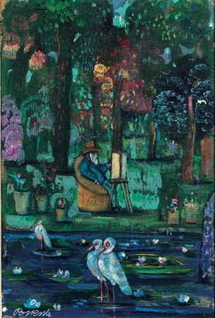 Antonio Possenti (1933-2016), Monet a Giverny, 1998, olio su tavola, cm...