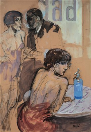 Alberto Sughi (1928-2012), La ragazza al bar, 1998, tecnica mista su carta...