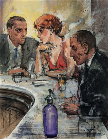 Alberto Sughi (1928-2012), Tre personaggi al bar, 1997, olio su tela, cm...