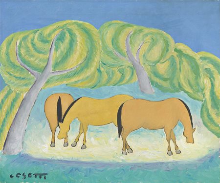 Giuseppe Cesetti Tuscania (Vt) 1902 - 1991 Tre cavalli sotto i lecci Olio su...