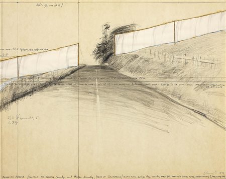 Christo Gabrovo 1935 Running Fence, 1974 Tecnica mista su cartoncino...